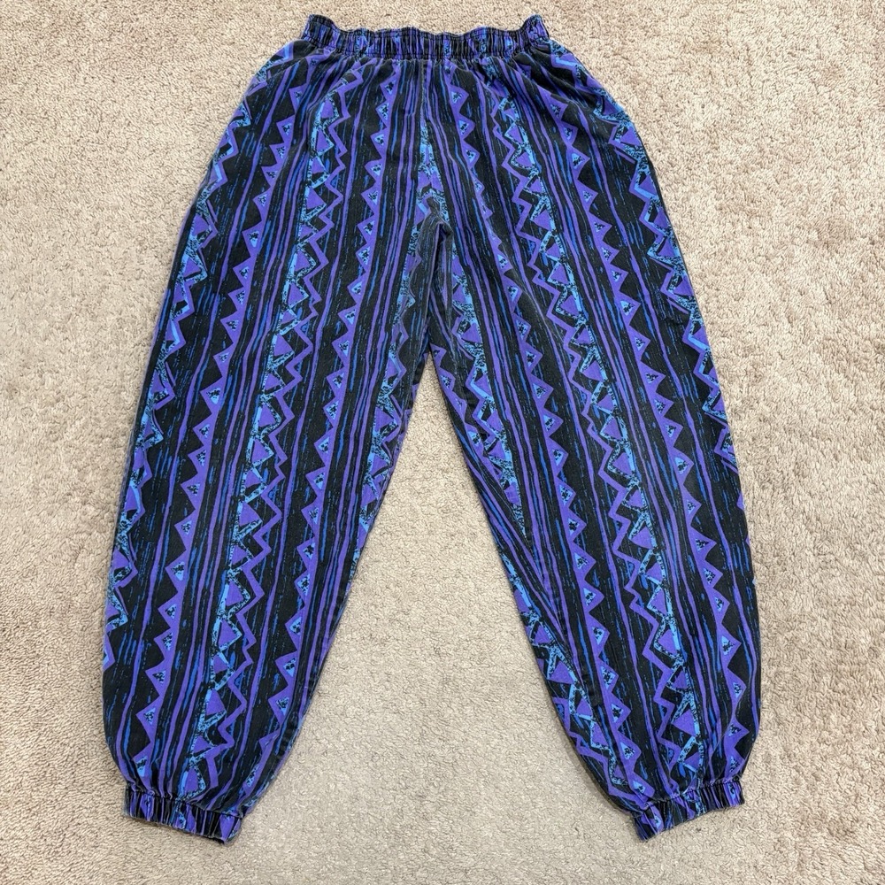 Vintage International Baggyz Abstract Sz Medium Blue Purple Cotton Pants USA 90s